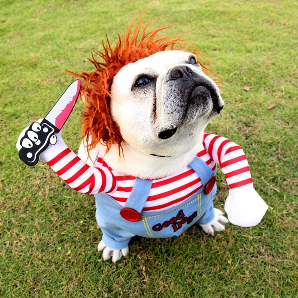 Pet Deadly Doll Costume Halloween Scary Dog Costumes Cosplay Chucky Doll Dog Costume Wear A Hat Funny Dog Party Clothes Christmas Costume Suitable for Big and Small Dogs